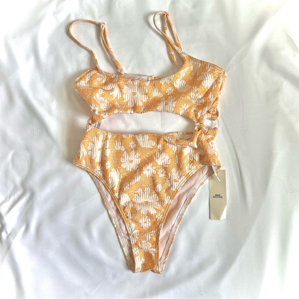 One piece split bikini bathing suit yellow/ orange with flowers and open back